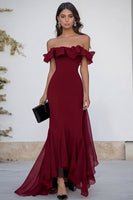 Load image into Gallery viewer, Black Chiffon Off the Shoulder Mermaid Long Formal Dress with Ruffles