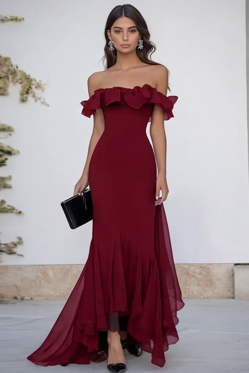 Load image into Gallery viewer, Black Chiffon Off the Shoulder Mermaid Long Formal Dress with Ruffles
