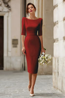 Load image into Gallery viewer, Ivory Boat Neck Satin Midi Bodycon Wedding Dress with Sleeves