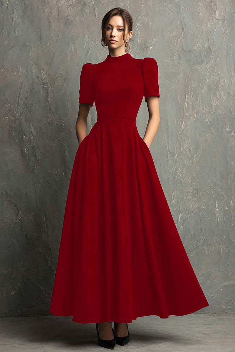 Load image into Gallery viewer, Elegant Black A-Line High Neck Short Sleeves Long Formal Dress with Pockets