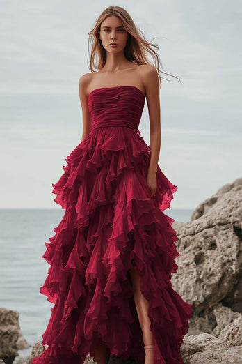 Fuchsia Tulle A Line Tiered Ruched Long Formal Dress