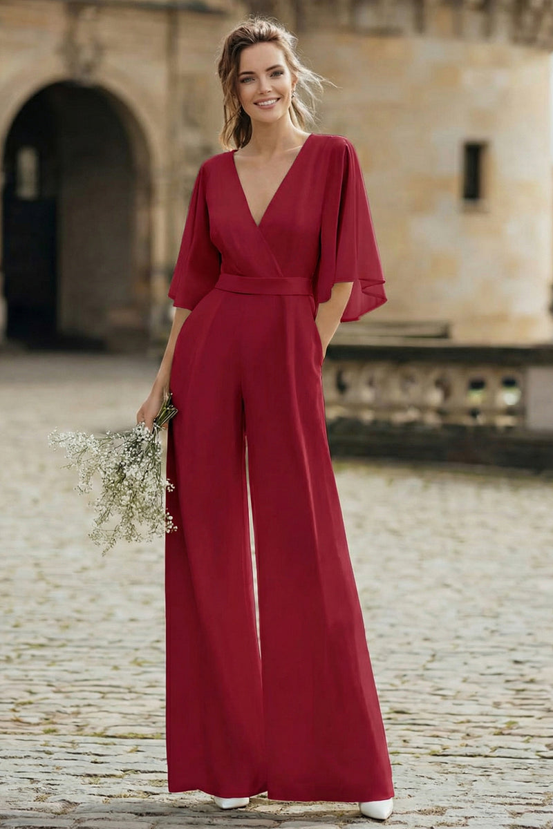 Load image into Gallery viewer, Ivory V-Neck Half Sleeves Long Wedding Jumpsuits with Pockets