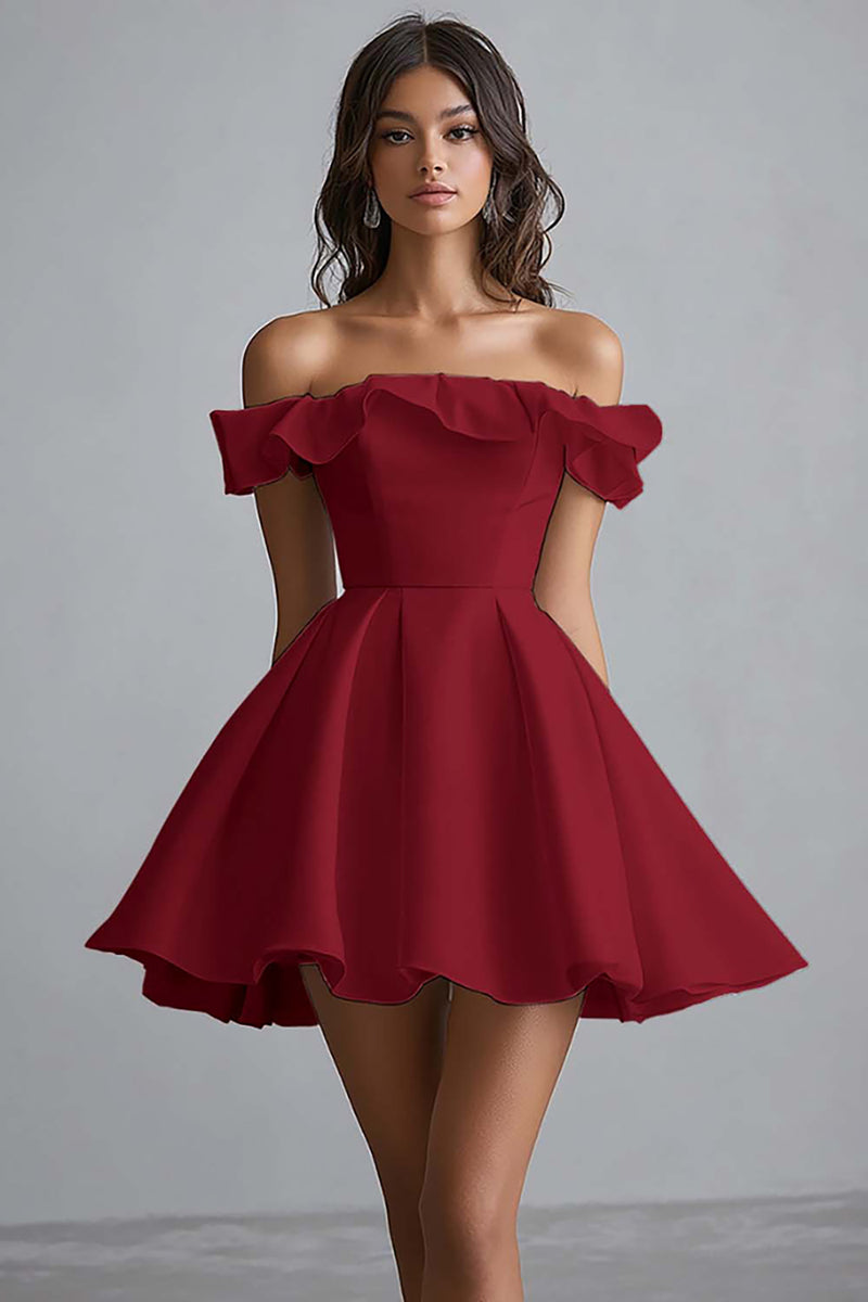Load image into Gallery viewer, Dusty Blue A Line Off the Shoulder Satin Mini Graduation Dress with Ruffles
