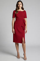 Load image into Gallery viewer, Champagne Bodycon Ruffled Midi Satin Work Dress with Slit