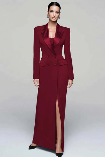 Queendancer Women Black Pencil Long Sleeves Blazer Dress with Slit Peak Lapel Double Breasted Coat Dress