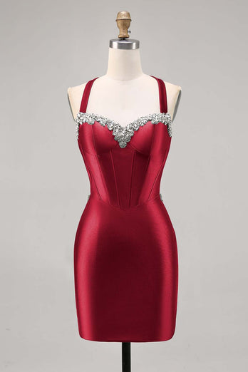 Sparkly Dark Green Satin Corset Tight Short Homecoming Dress with Beading