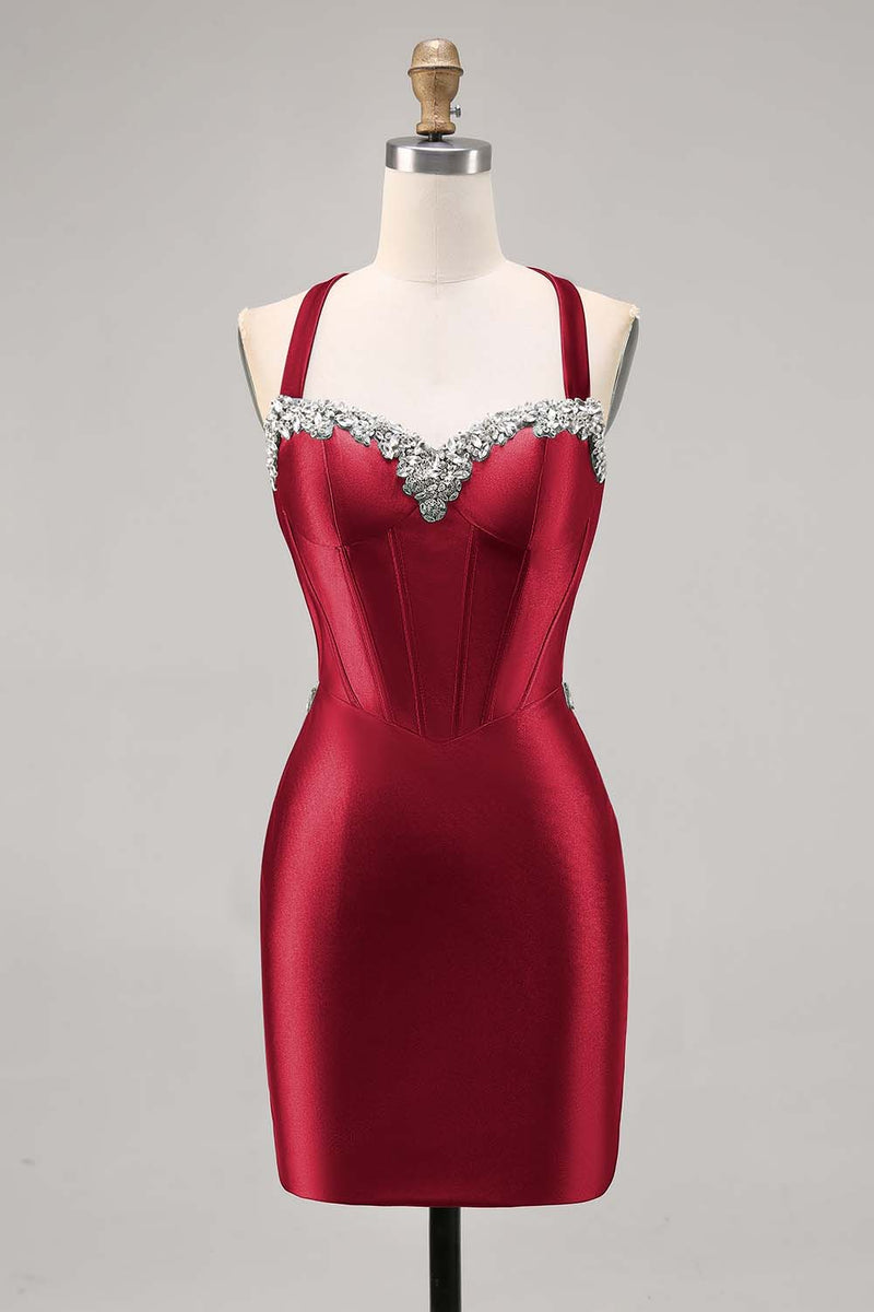 Load image into Gallery viewer, Sparkly Dark Green Satin Corset Tight Short Homecoming Dress with Beading