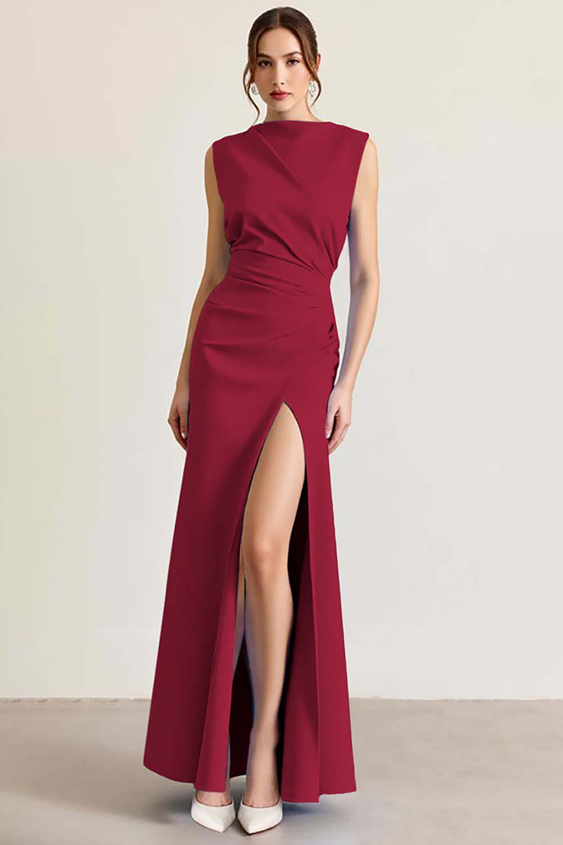 Load image into Gallery viewer, Queendancer Women Sky Blue Ruched Long Formal Dress with Slit Sheath Sleeveless Prom Dress