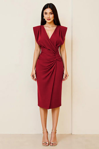 Plum Sheath V-Neck Ruched Long Formal Dress