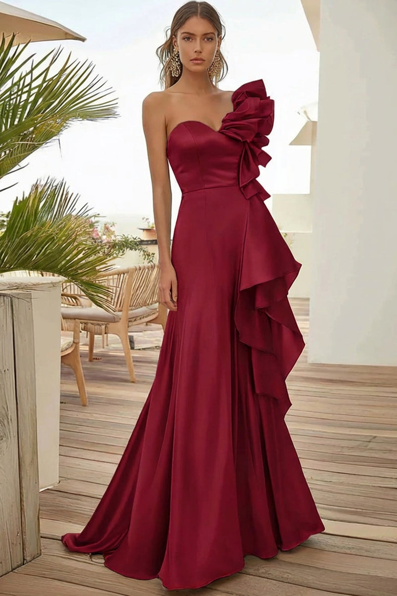 Load image into Gallery viewer, Black Satin One Shoulder A Line Long Prom Dress with Ruffles