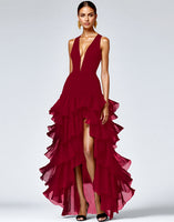 Load image into Gallery viewer, Black Ruffled Deep V-Neck A Line Long Formal Dress with Slit