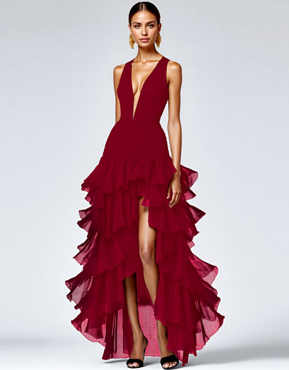 Black A Line Deep V-Neck Tiered Long Formal Dress with Slit