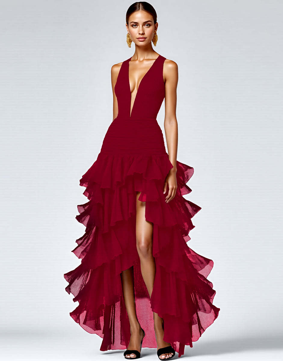 Load image into Gallery viewer, Black Ruffled Deep V-Neck A Line Long Formal Dress with Slit