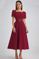 Load image into Gallery viewer, Dusty Rose A Line Satin Square Neck Midi Work Dress with Sleeves