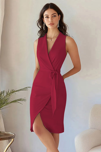 Queendancer Women Sky Blue Satin Short Work Blazer Dress with Sash Bodycon V-Neck Sleeveless Cocktail Dress