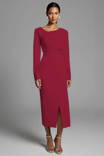 Ivory Sheath Ruched Long Sleeves Work Dress with Slit