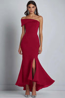 Load image into Gallery viewer, Satin Off the Shoulder Navy Sheath  Long Formal Dress with Slit