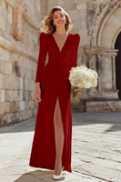 Load image into Gallery viewer, Ivory V-Neck Sheath Long Sleeves Wedding Dress with Slit