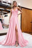 Load image into Gallery viewer, Dark Green Satin A-Line Appliques Prom Dress with Slit