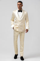 Load image into Gallery viewer, Champagne Shawl Lapel Jacquard 2 Piece Prom Suits