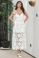 Load image into Gallery viewer, White Boho Flower Sheath Spaghetti Straps Long Party Dress with Lace