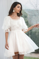 Load image into Gallery viewer, Tulle Pleated Little White Dress with Lace-up Back