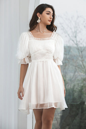 Tulle Pleated Little White Dress with Lace-up Back
