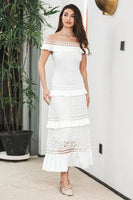 Load image into Gallery viewer, White Tiered Long Boho Engagement Party Dress with Lace
