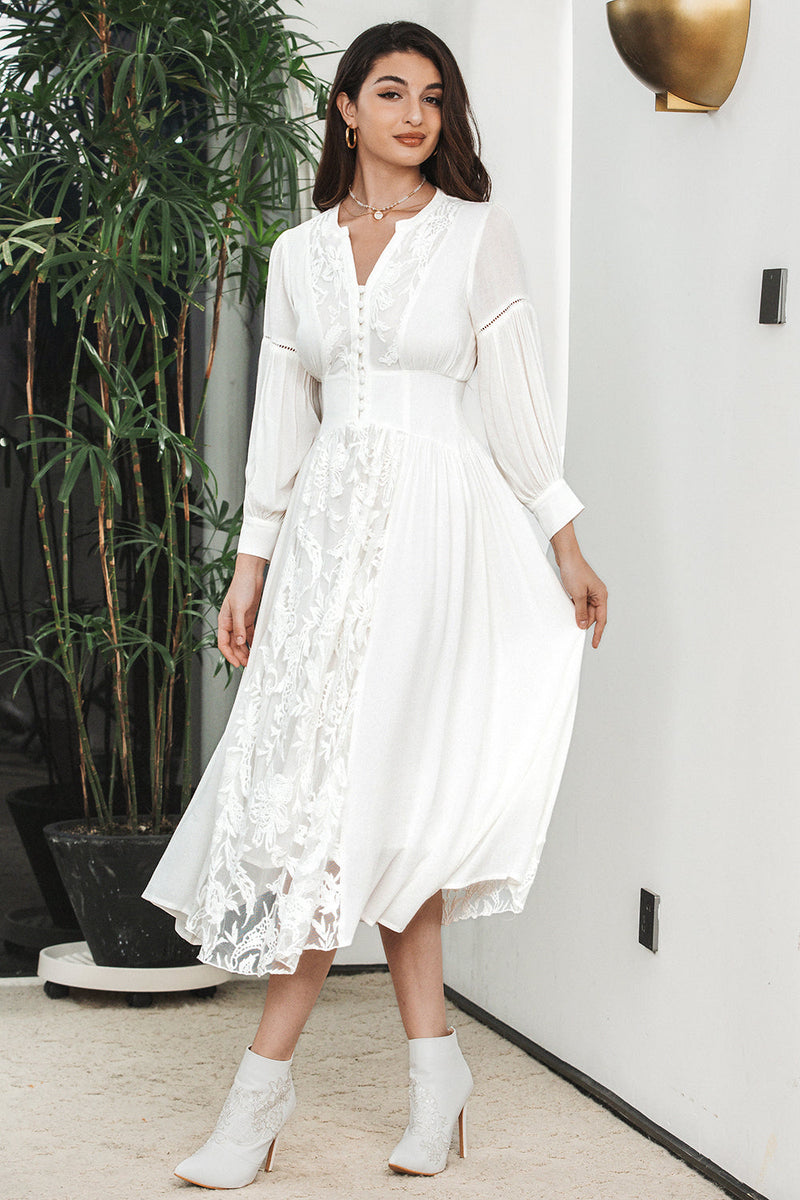 QUEENDANCER Women White Boho Long Sleeves Engagement Graduation Dress with Lace V-Neck Maxi Little White Dress – queendancer
