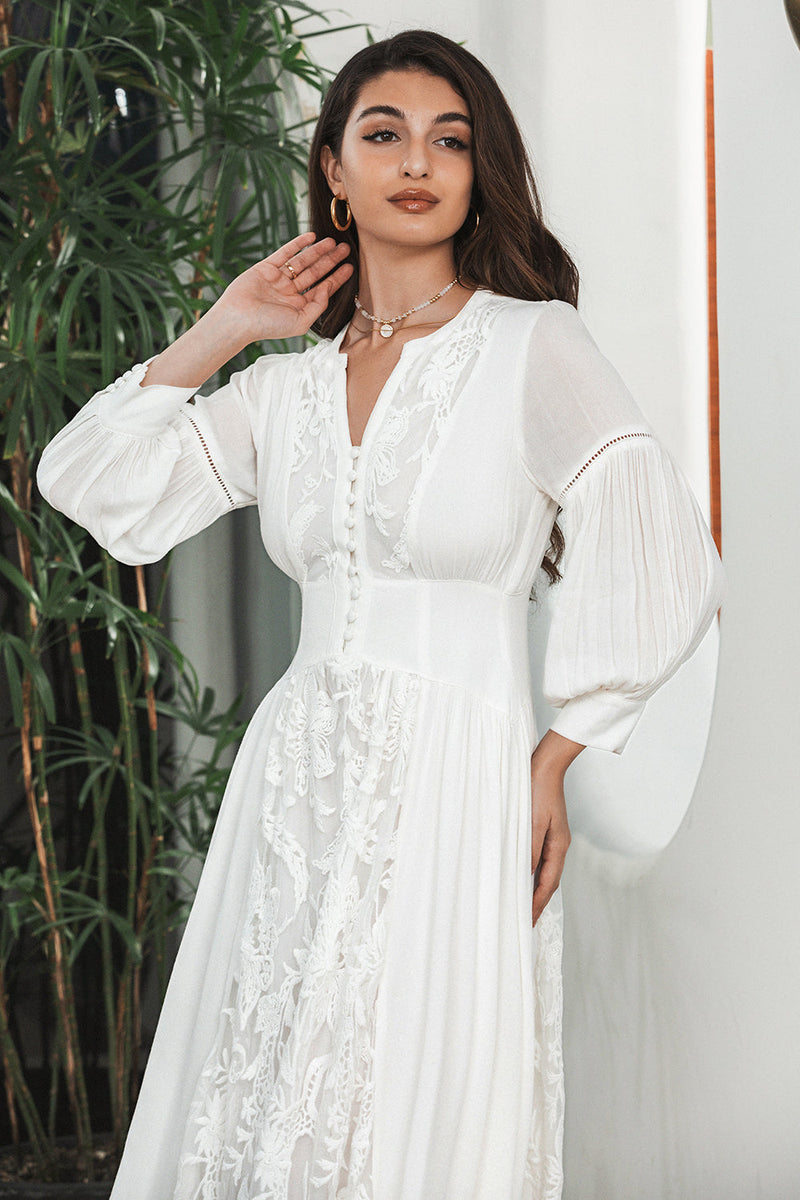 QUEENDANCER Women White Boho Long Sleeves Engagement Graduation Dress with Lace V-Neck Maxi Little White Dress – queendancer