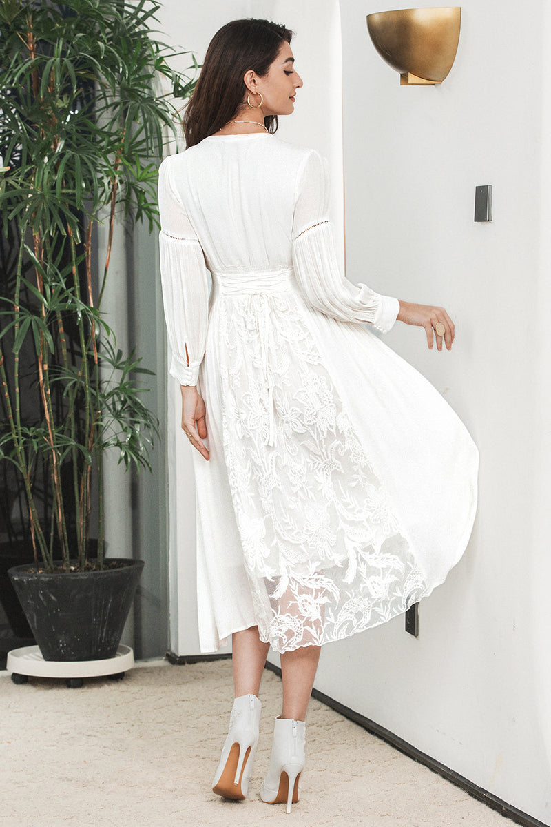 QUEENDANCER Women White Boho Long Sleeves Engagement Graduation Dress with Lace V-Neck Maxi Little White Dress – queendancer
