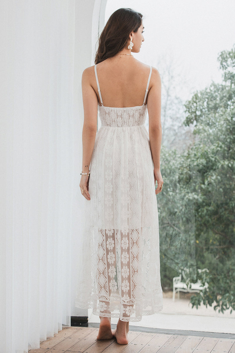 Load image into Gallery viewer, Spaghetti Straps High-Low Little White Dress with Lace