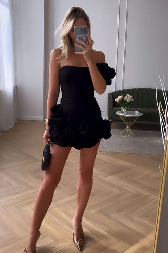 Black One Shoulder Tight Homecoming Dress with Ruffles