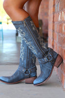 Load image into Gallery viewer, Queendancer Women Blue Embroidered Cowgirl Boho Mid Calf Boots