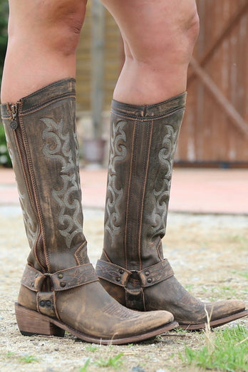 Queendancer Women Blue Embroidered Cowgirl Boho Mid Calf Boots