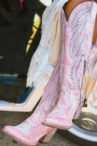 Dusty Rose Embroidered Mid-Calf Boho Cowgirl Boots