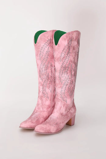 Dusty Rose Embroidered Mid-Calf Boho Cowgirl Boots