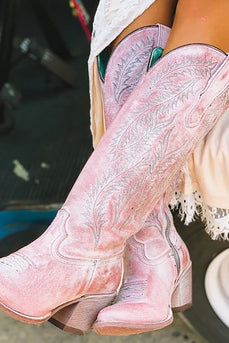 Dusty Rose Embroidered Mid-Calf Boho Cowgirl Boots