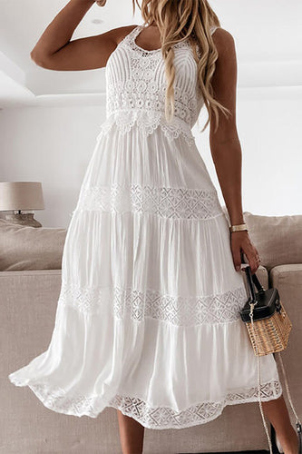 White Scoop Neck Graduation Dress with Lace