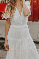 Load image into Gallery viewer, White V-Neck Short Sleeves Lace Graduation Dress
