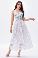 Load image into Gallery viewer, Spaghetti Straps White Printed Flower Graduation Dress with Beading