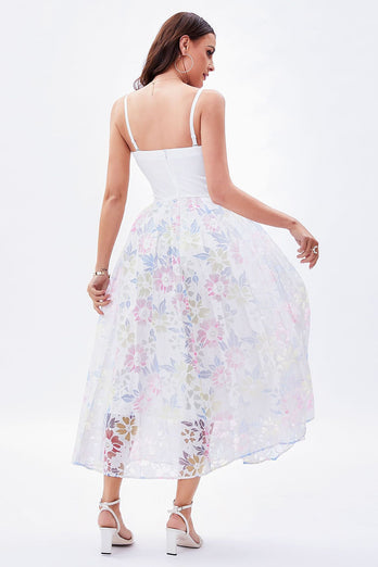 Spaghetti Straps White Printed Flower Graduation Dress with Beading
