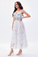 Load image into Gallery viewer, Spaghetti Straps White Printed Flower Graduation Dress with Beading