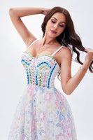 Load image into Gallery viewer, Spaghetti Straps White Printed Flower Graduation Dress with Beading