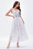 Load image into Gallery viewer, Spaghetti Straps White Printed Flower Graduation Dress with Beading