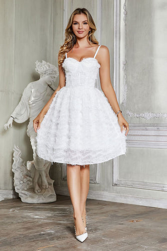 White Spaghetti Straps Corset Graduation Dress with Feather