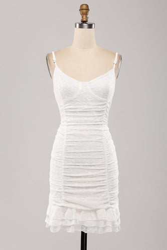 Spaghetti Straps Bodycon Pleated Lace Little White Graduation Dress