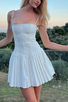 Load image into Gallery viewer, Spaghetti Straps White Pleated Corset Graduation Dress
