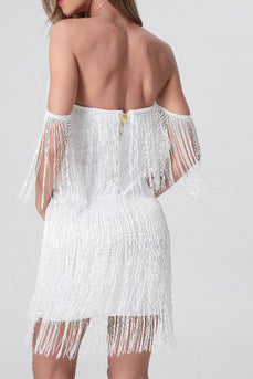 Off the Shoulder White Fringed Graduation Dress