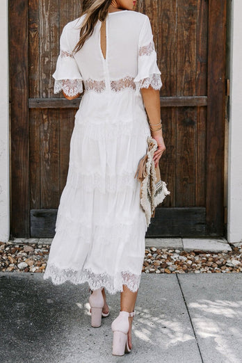 White V-Neck Tiered Graduation Dress with Half sleeves